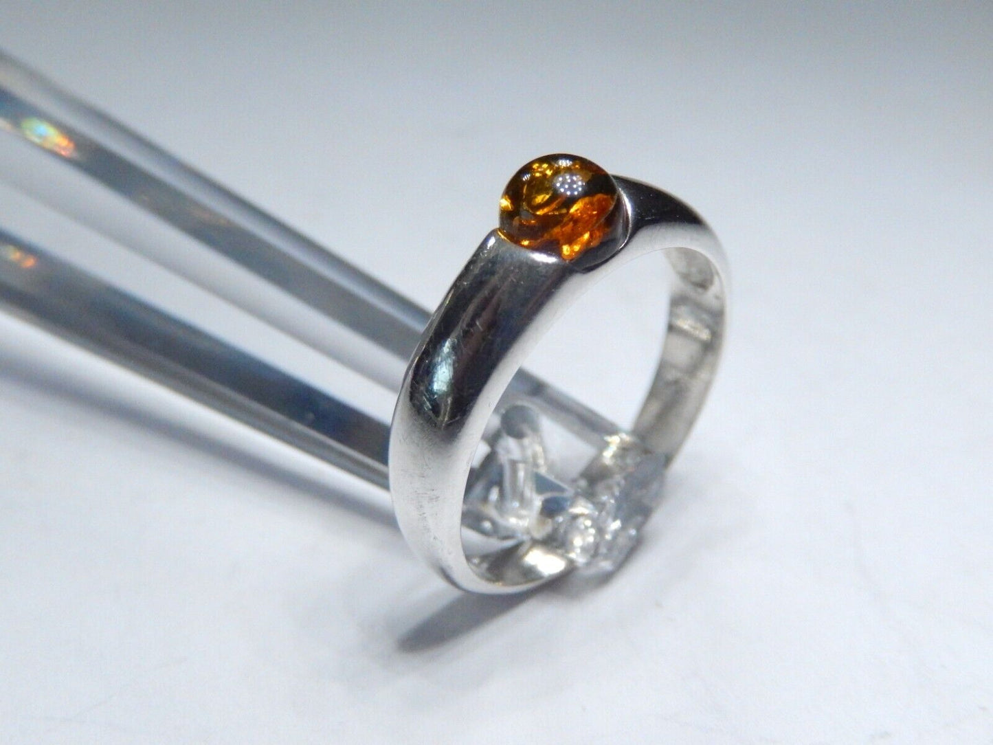 *VINTAGE* 925 Sterling Silver Golden Natural Amber Solitaire Ring Size 6.25
