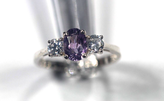 Oval Shape 925 Sterling Silver 9mm x 7mm Amethyst w/Side Accents Women Ring Sz 7