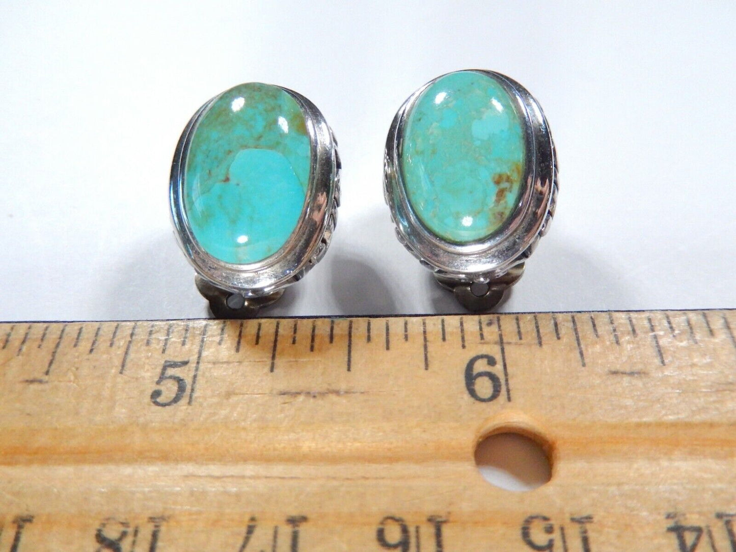 VINTAGE  Sterling Silver Southwest Design Turquoise Cabochon Clip Earrings