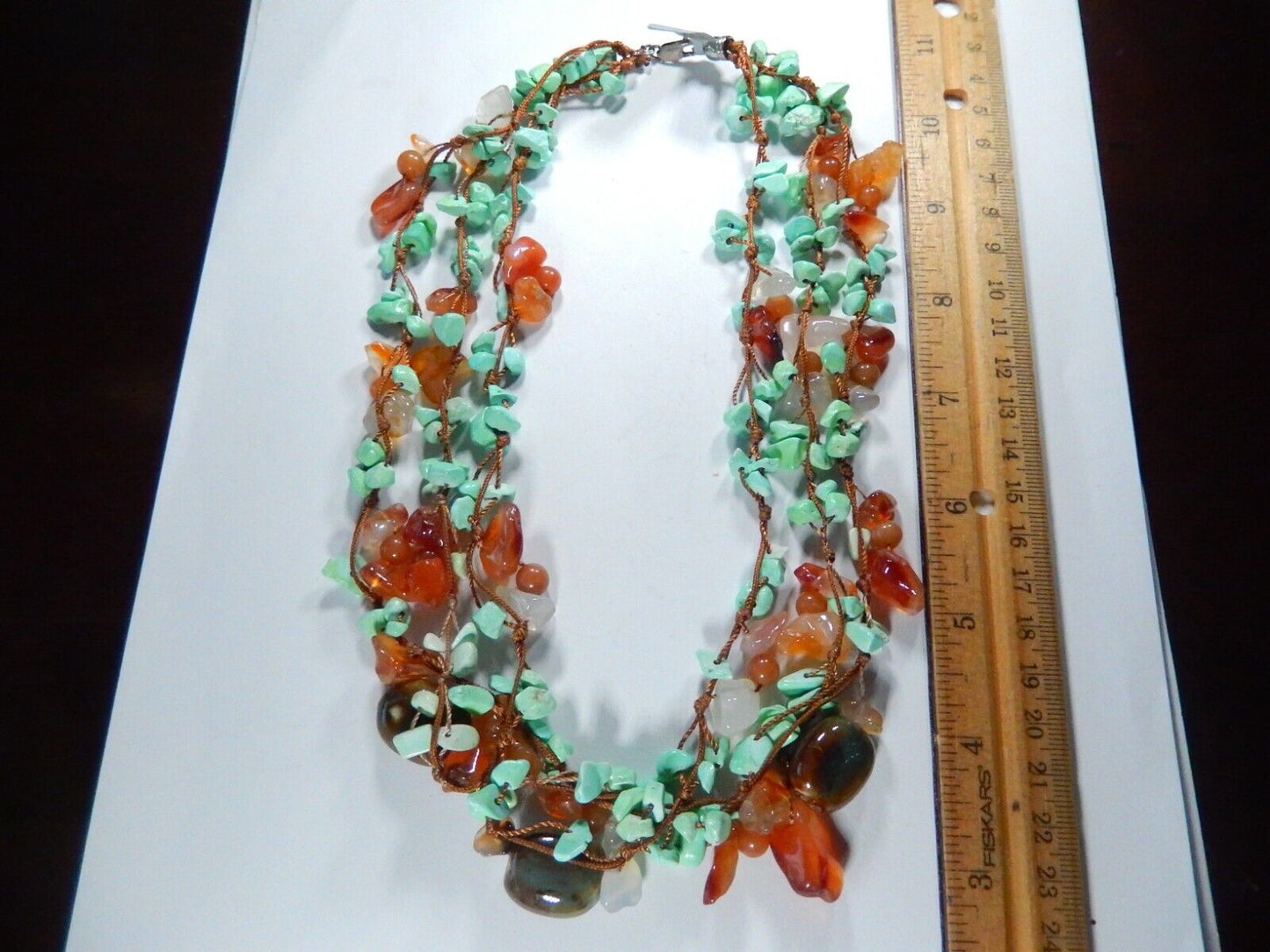 Three Strand Turquoise Stone And Glass Bead Sterling Silver Necklace - 18"