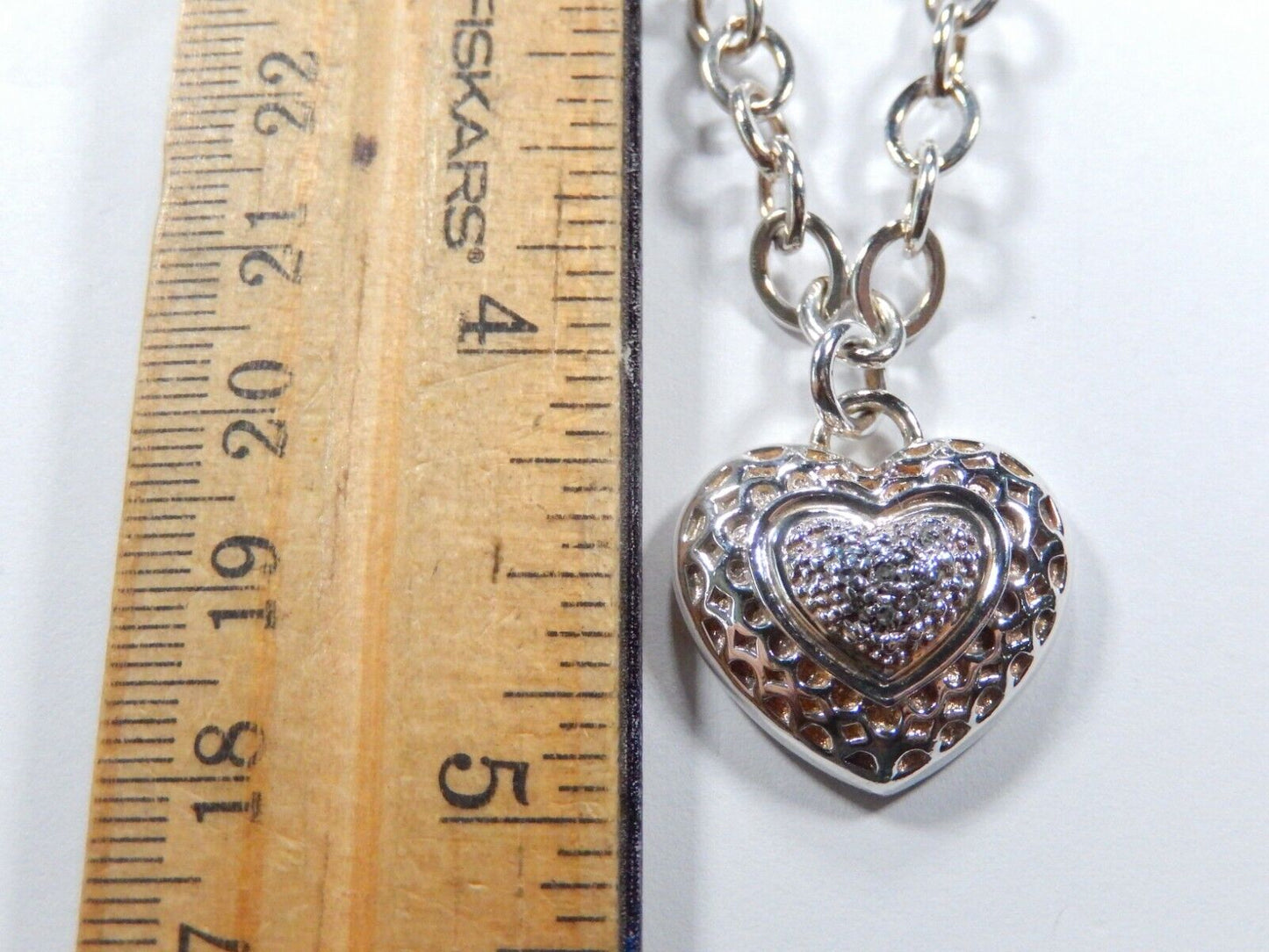 Sterling Silver Signed V 925 Diamond Cluster Heart Pendant w/Heavy Rolo Chain