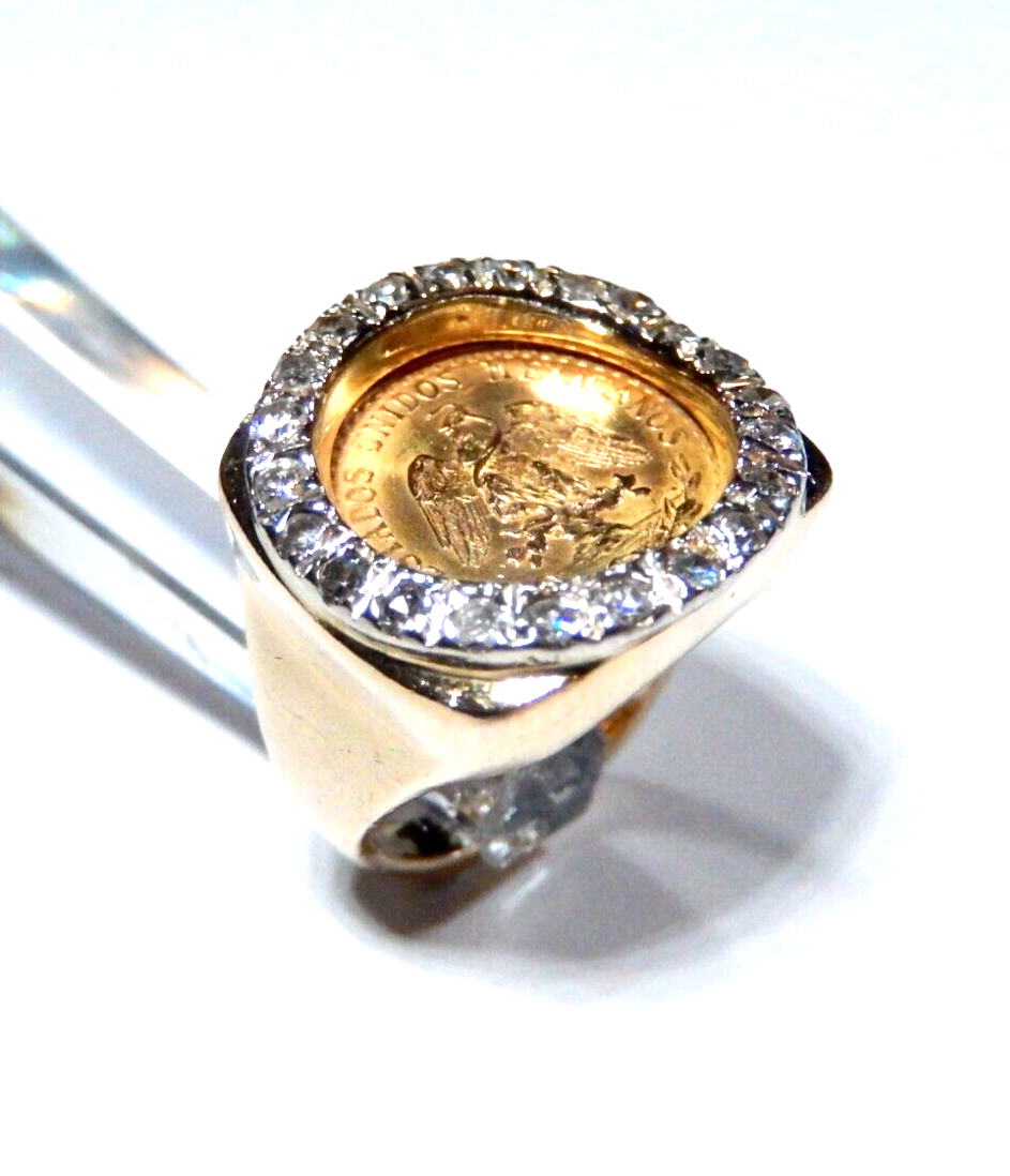 Stamped 14K Gold  Diamond Ring w 90 1945 Dos Pesos Mexican Gold Coin Size 4