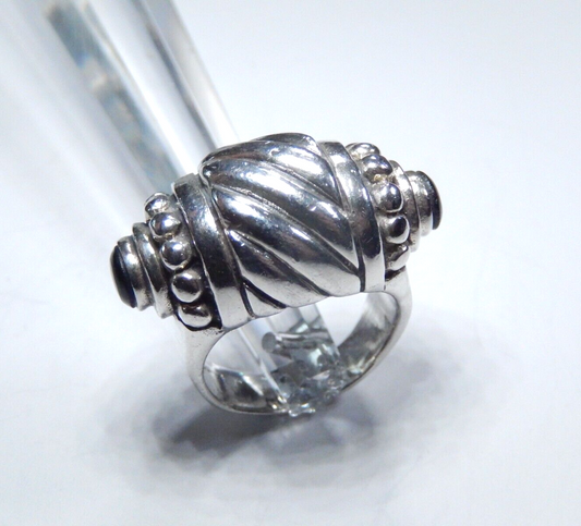 VINTAGE LARGE HEAVY BLACK ONYX STERLING SILVER 925 RIBBED RETRO RING Size 7