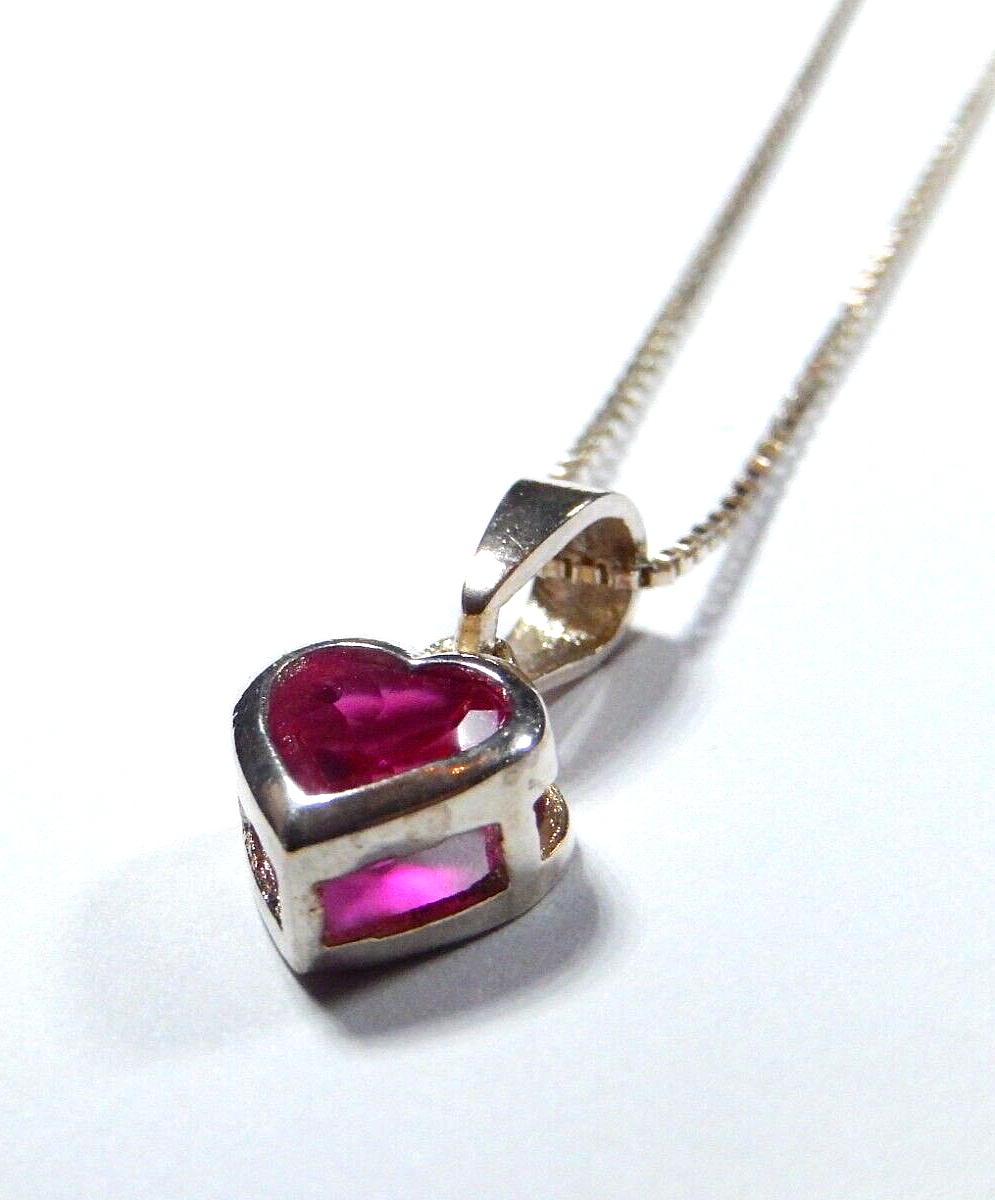 Sterling Silver 100 CT Solitaire Heart Ruby Bezel Set Pendant  w18 925 Chain