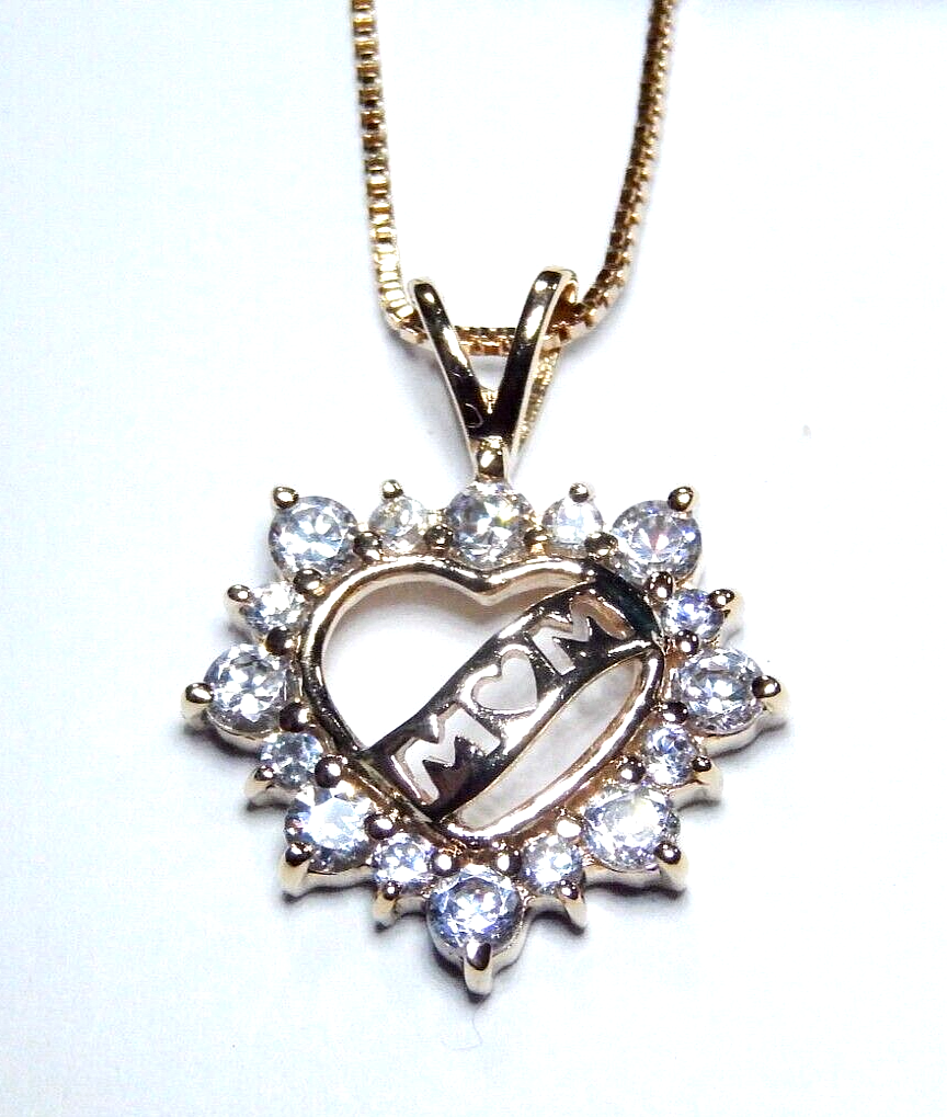Ross Simons Gold .925 Vermeil & CZ MOM Heart Pendant & 18" Vermeil Chain