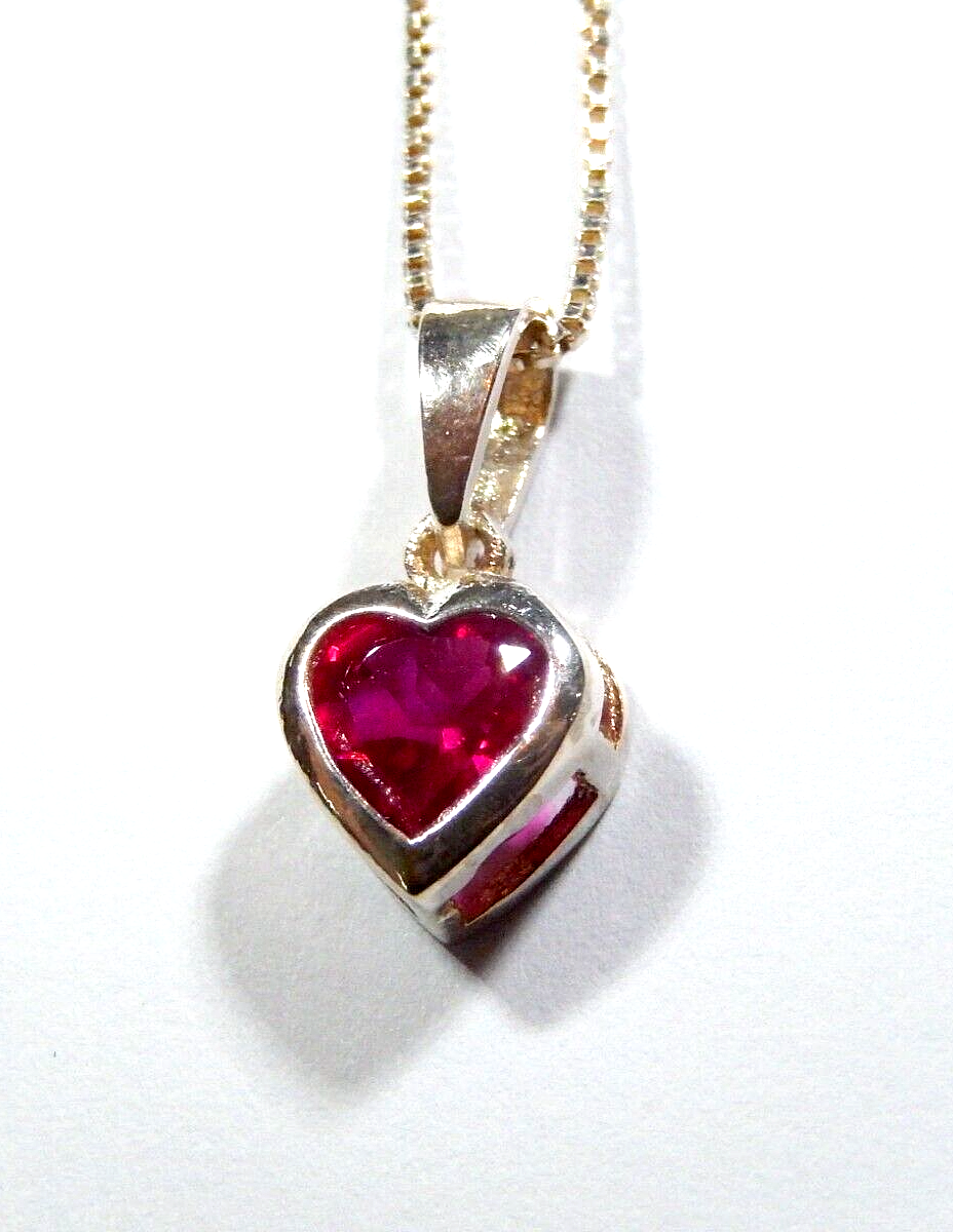 Sterling Silver 100 CT Solitaire Heart Ruby Bezel Set Pendant  w18 925 Chain