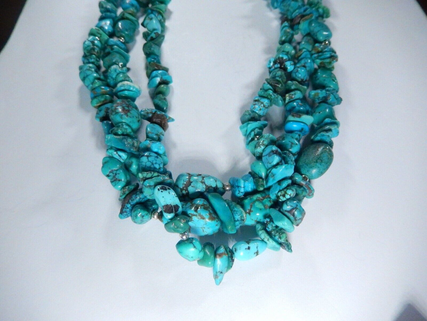 *VINTAGE*  Three Strand Turquoise Nuggets Sterling Silver Necklace 16” - 18”