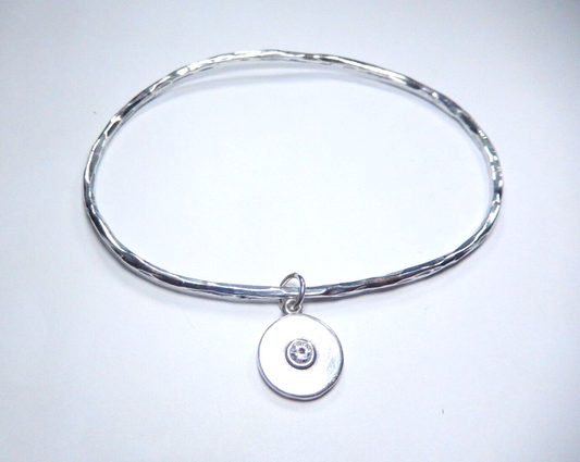 Vintage N&L Sterling Silver Bangle Bracelet with Round CZ Sliding Charm