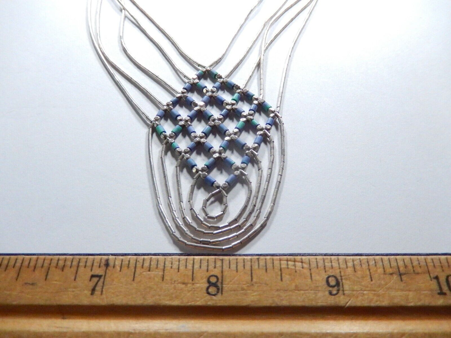 VINTAGE SOUTHWESTERN STERLING SILVER AND TURQUOISE LIQUID SILVER MESH NECKLACE