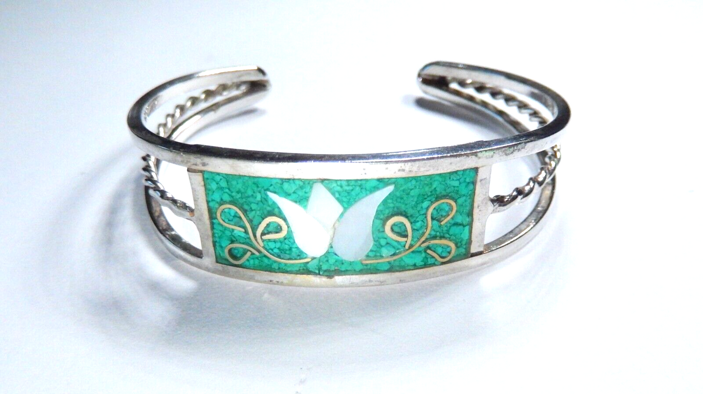 Alpaca Mexico Silver Abalone Inlay Lavender Tulip Blue/Green Cuff Bracelet