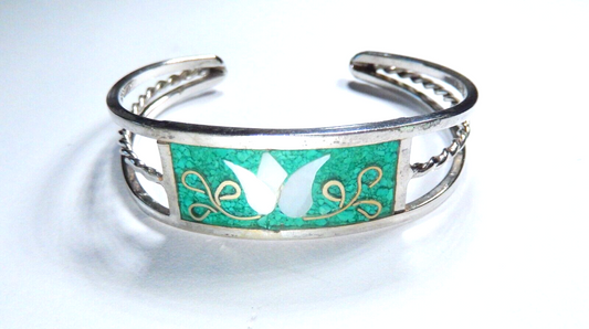 Alpaca Mexico Silver Abalone Inlay Lavender Tulip Blue/Green Cuff Bracelet