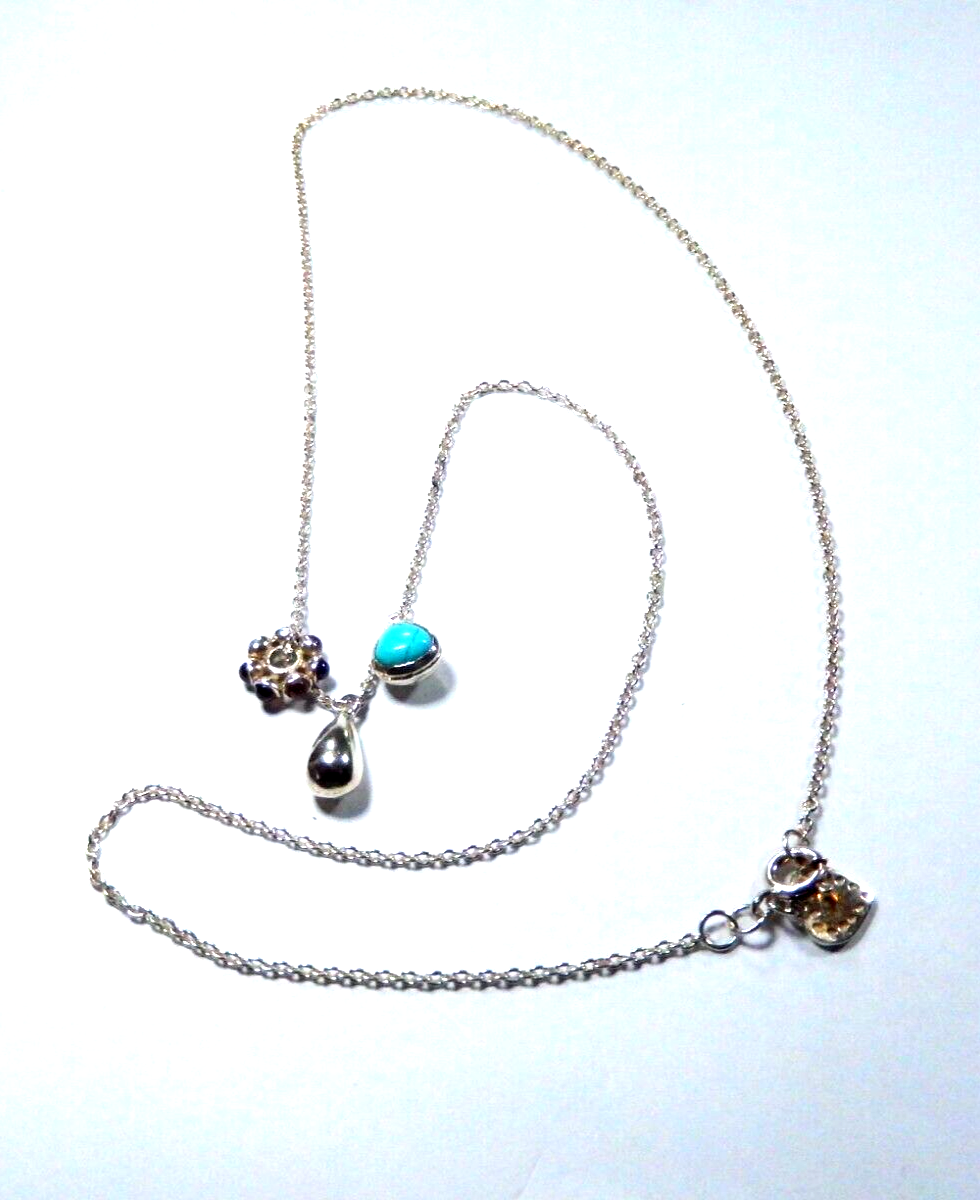 Sterling Silver 3 Bead Turquoise - Garnet-Silver Dangle Pendant 18" Necklace