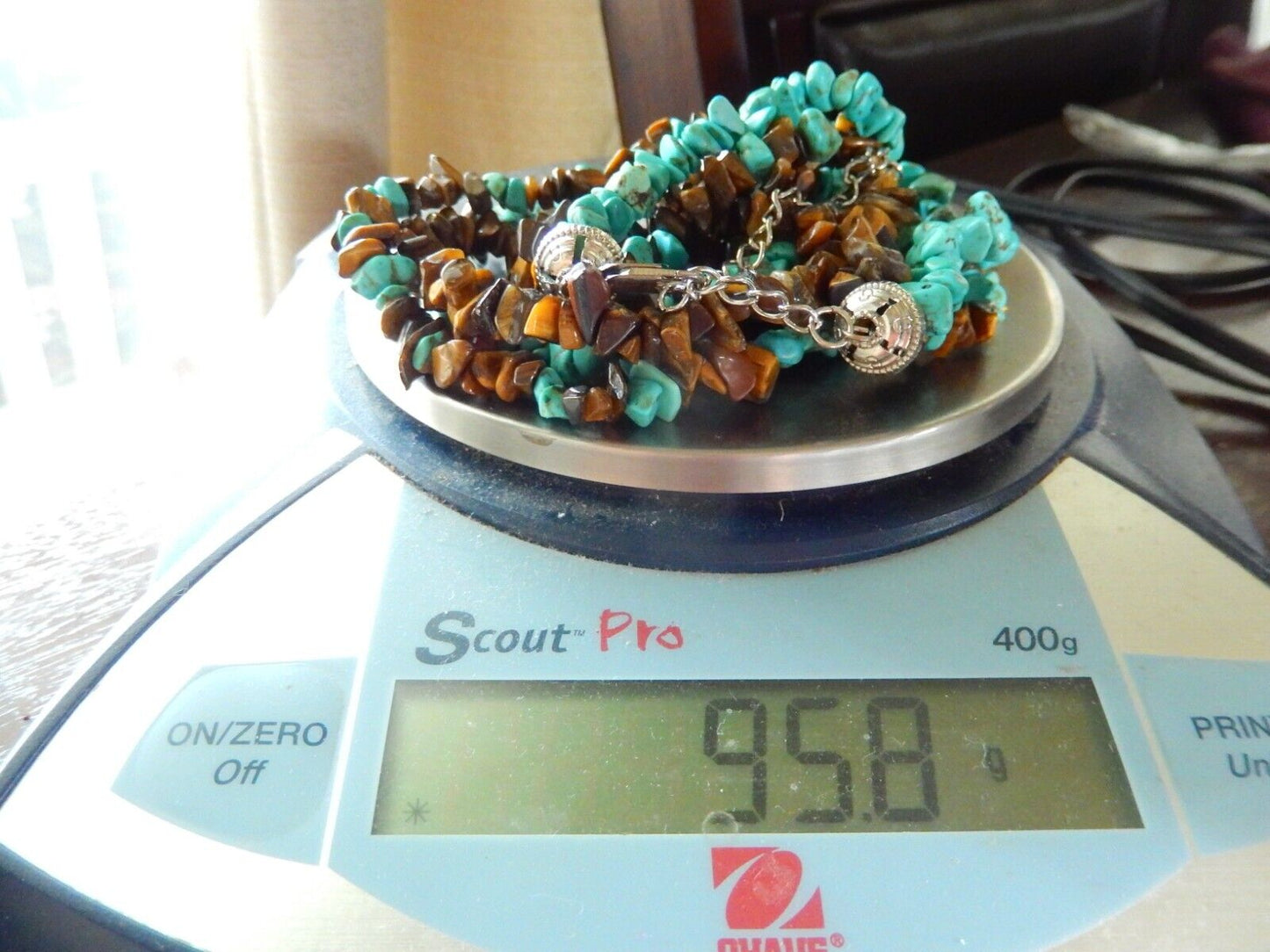 *VINTAGE* Three Strand Genuine Turquoise And Tiger Eye Nuggets Beads 18"Necklace