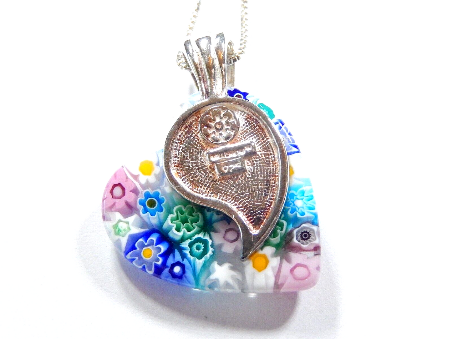 MURANO MILLEFIORI HEART GLASS pendant, 925 STERLING SILVER - w/18" Ster. Chain