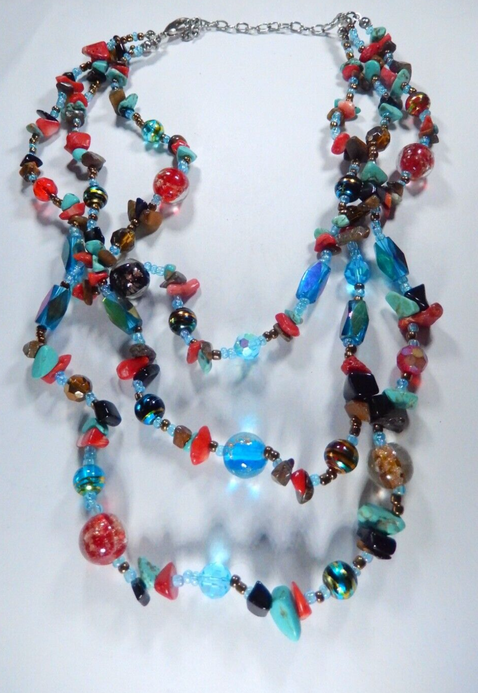 Three strand turquoise stone and glass bead silver tone link necklace 16" - 18"