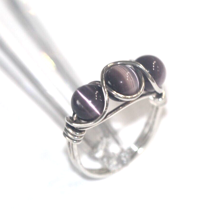 Large Sterling Silver Purple Cats Eye Bead Wire Wrapped Ring Size 11