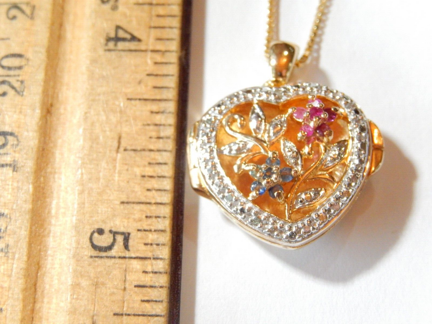 NEWRoss Simmons Gold Vermeil Diamond Sapphire Ruby Heart Locket w18 Chain