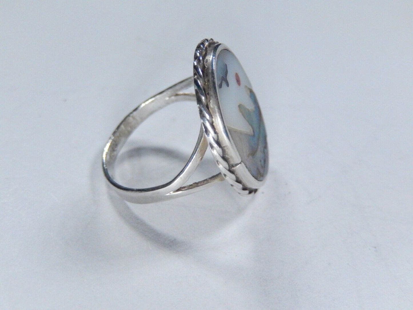 *VINTAGE*  Mexico 925 Sterling Silver Natural Abalone Outdoor Scene Ring Sz 5.5
