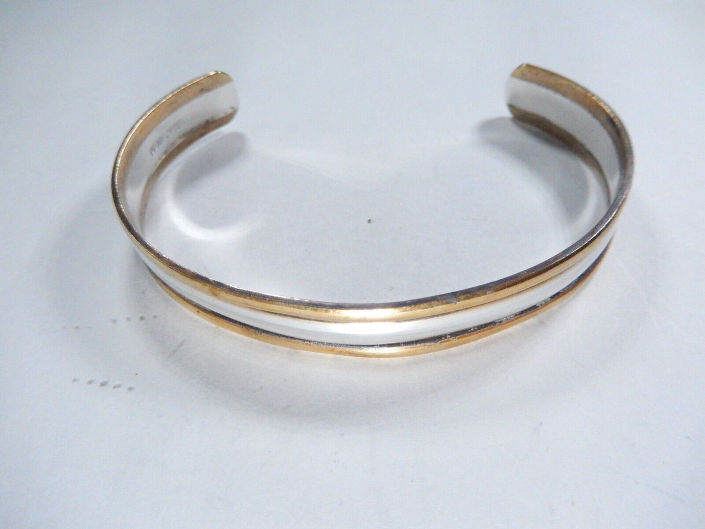 *VINTAGE*  MEXICO 925 Sterling Silver Brass Rim Cuff Bracelet 7/16" Wide - 14.8G