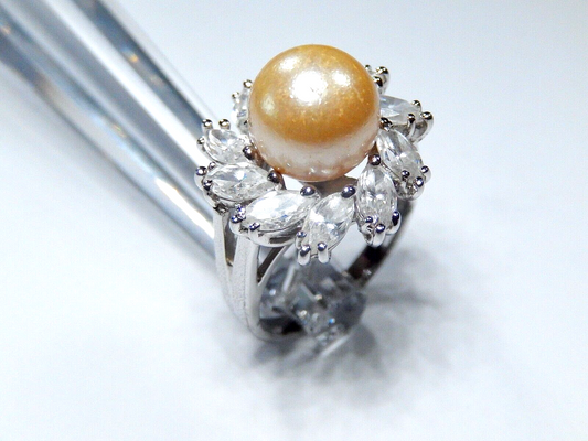 Sterling Silver 925 Faux Pearl and Cubic Zirconia Statement Ring  Size 7