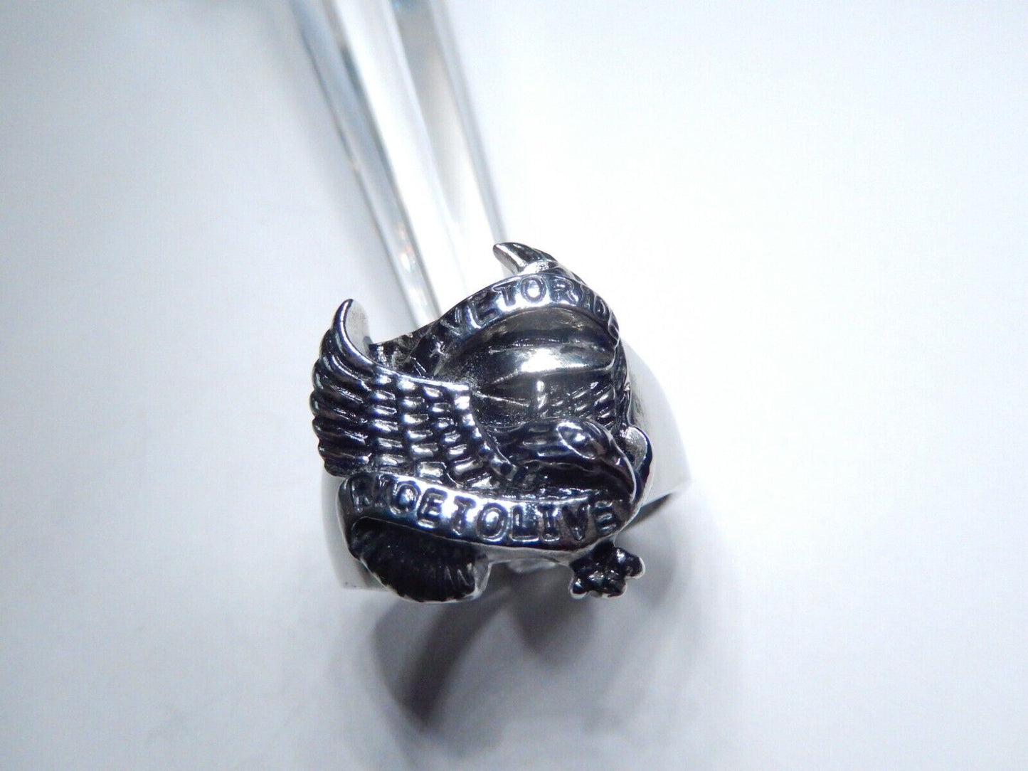 Stainless Steel Biker Eagle 'Live to Ride - Ride to Live' Ring 14.5