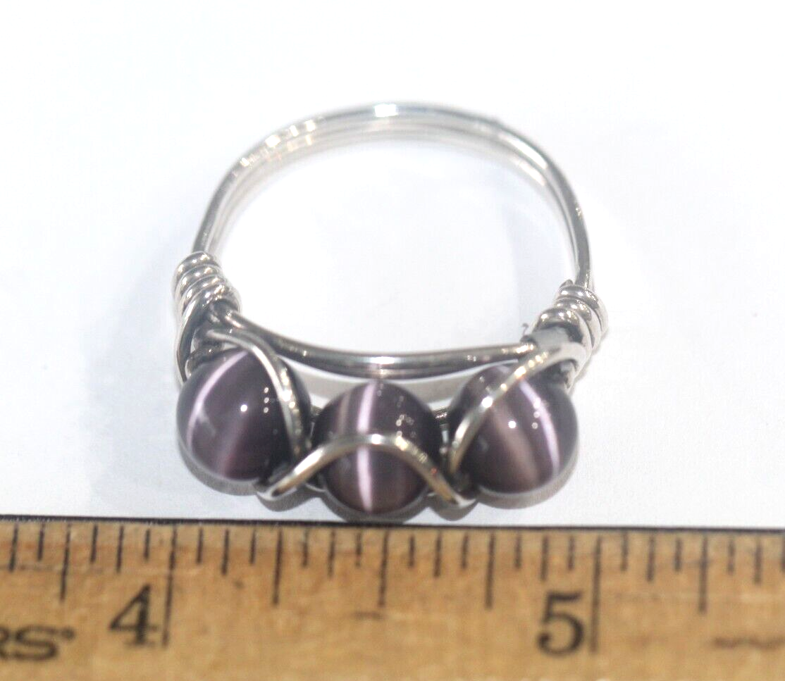 Large Sterling Silver Purple Cats Eye Bead Wire Wrapped Ring Size 11