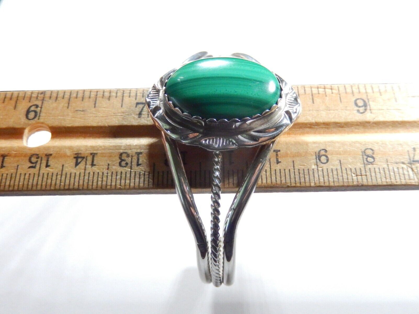Native American Navajo Sterling Silver Malachite Cuff Bracelet Signed HT