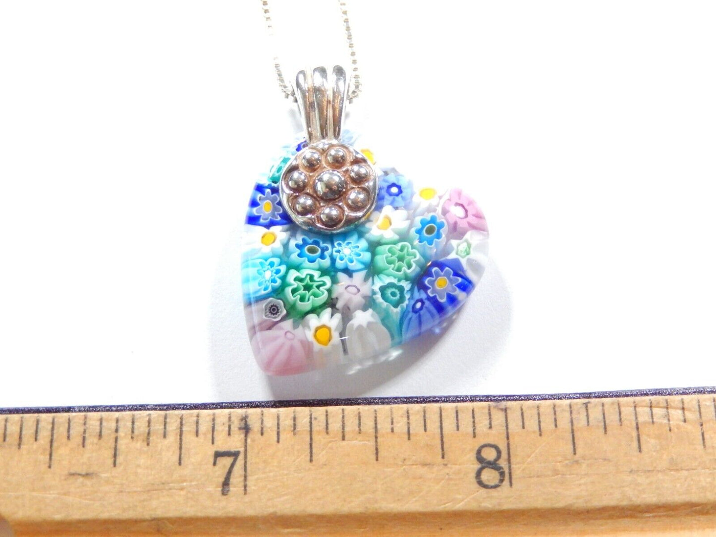 MURANO MILLEFIORI HEART GLASS pendant, 925 STERLING SILVER - w/18" Ster. Chain