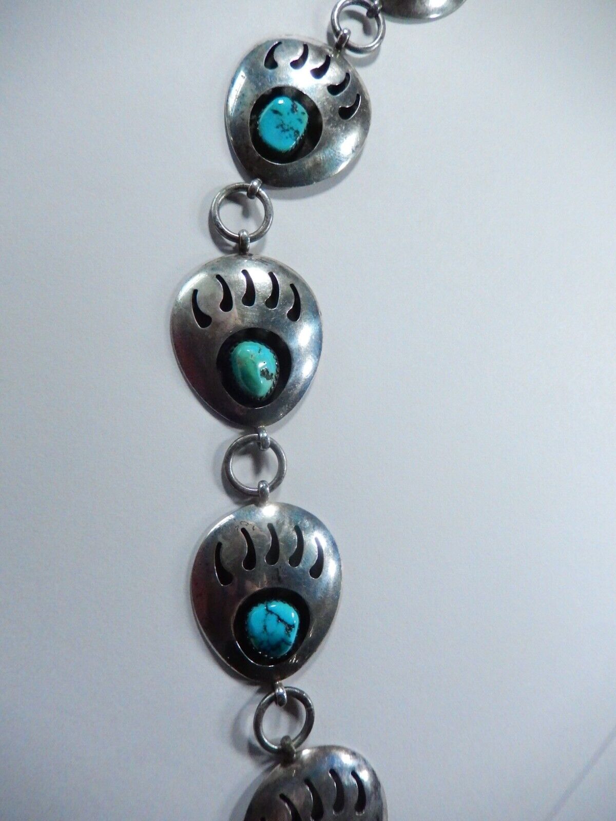 Vintage Navajo 36” Concho Belt / Necklace Sterling Silver Bear Claw Turquoise