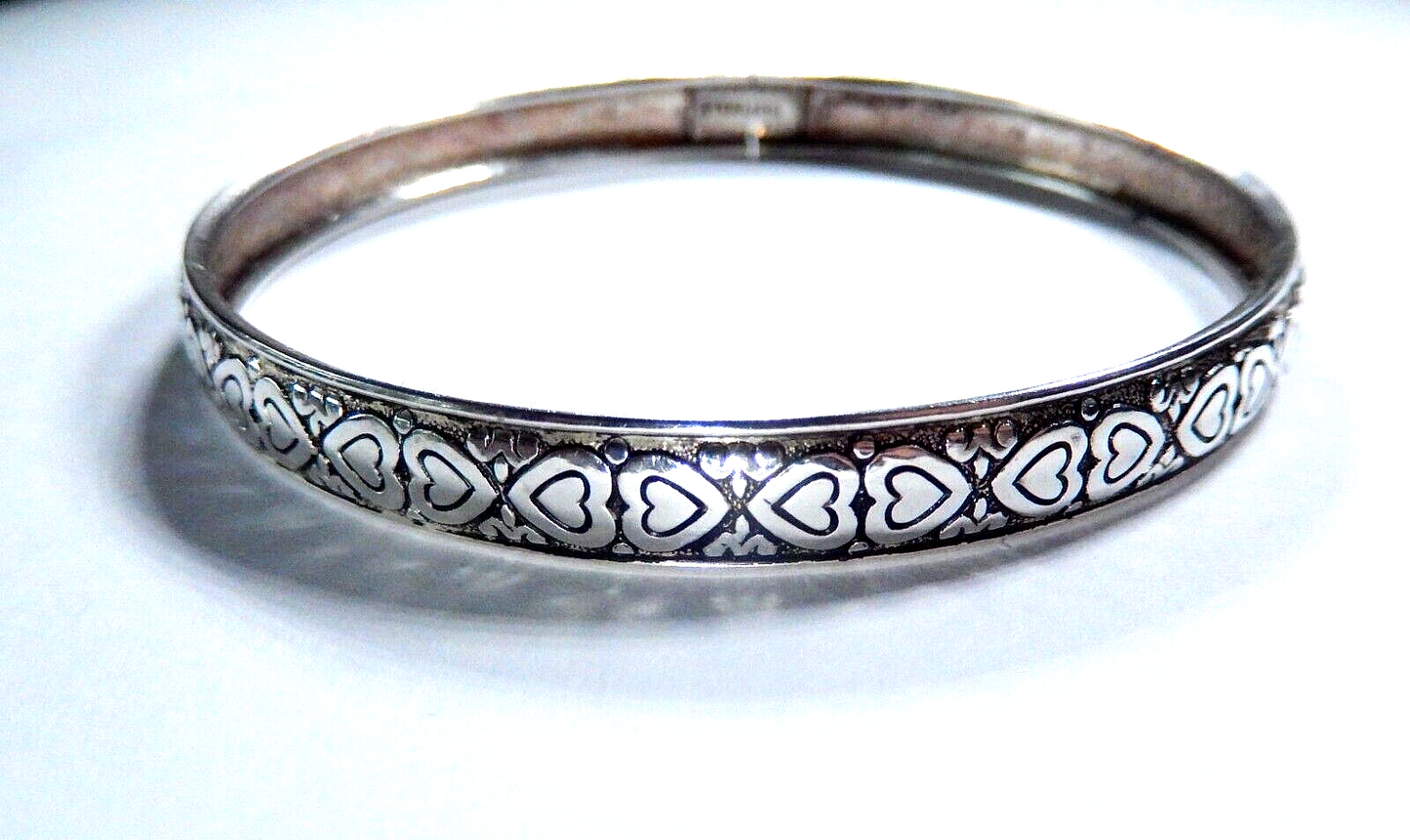 Vintage Sterling Silver Bangle Bracelet w/ Hearts Design