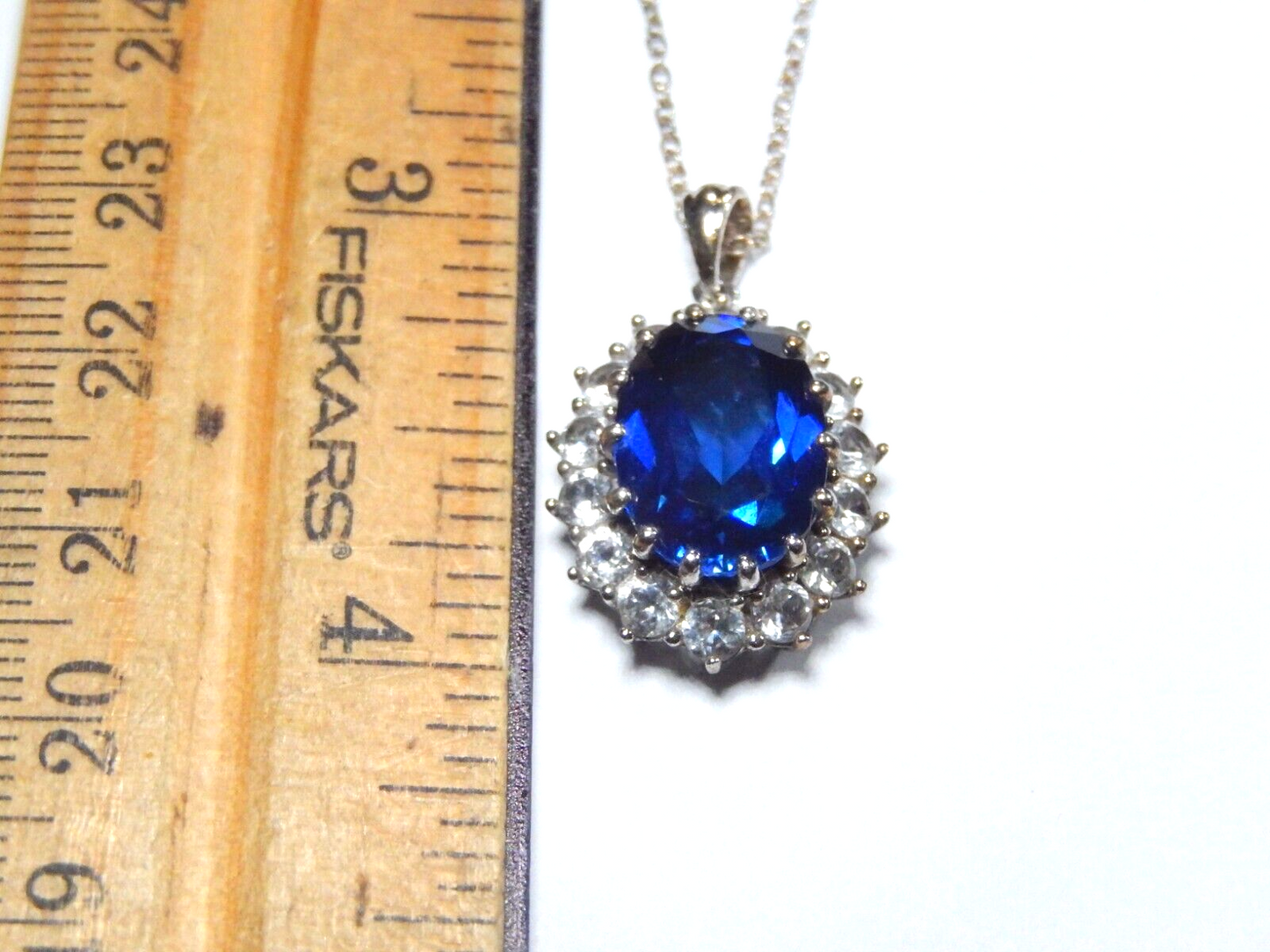 *VINTAGE* Sterling Silver 12.0 CT Lab Created Sapphire & CZ Halo Pendant w/18"Ch