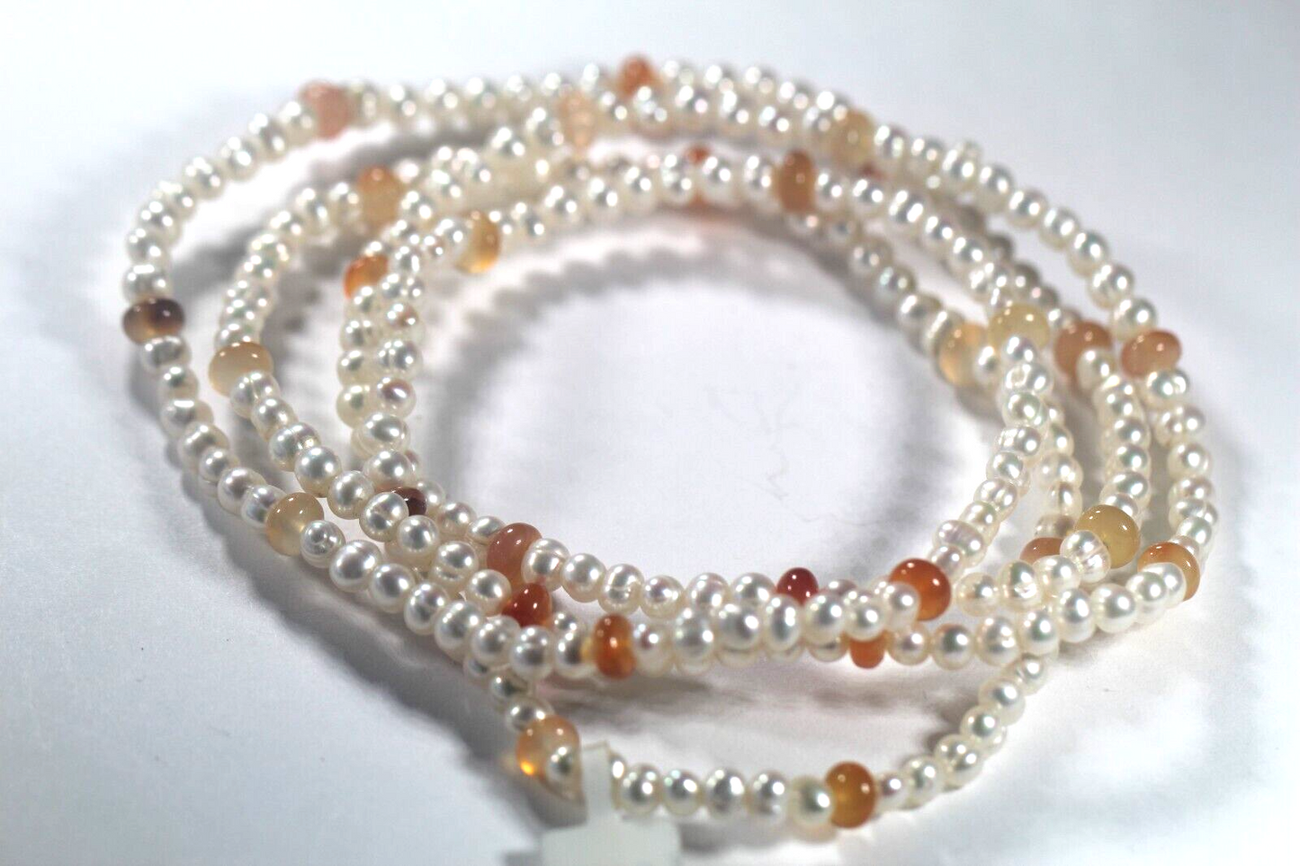 *NEW* Long 36" Real 4-5mm White Baroque Pearl & Orange Gemstone Beads Necklace