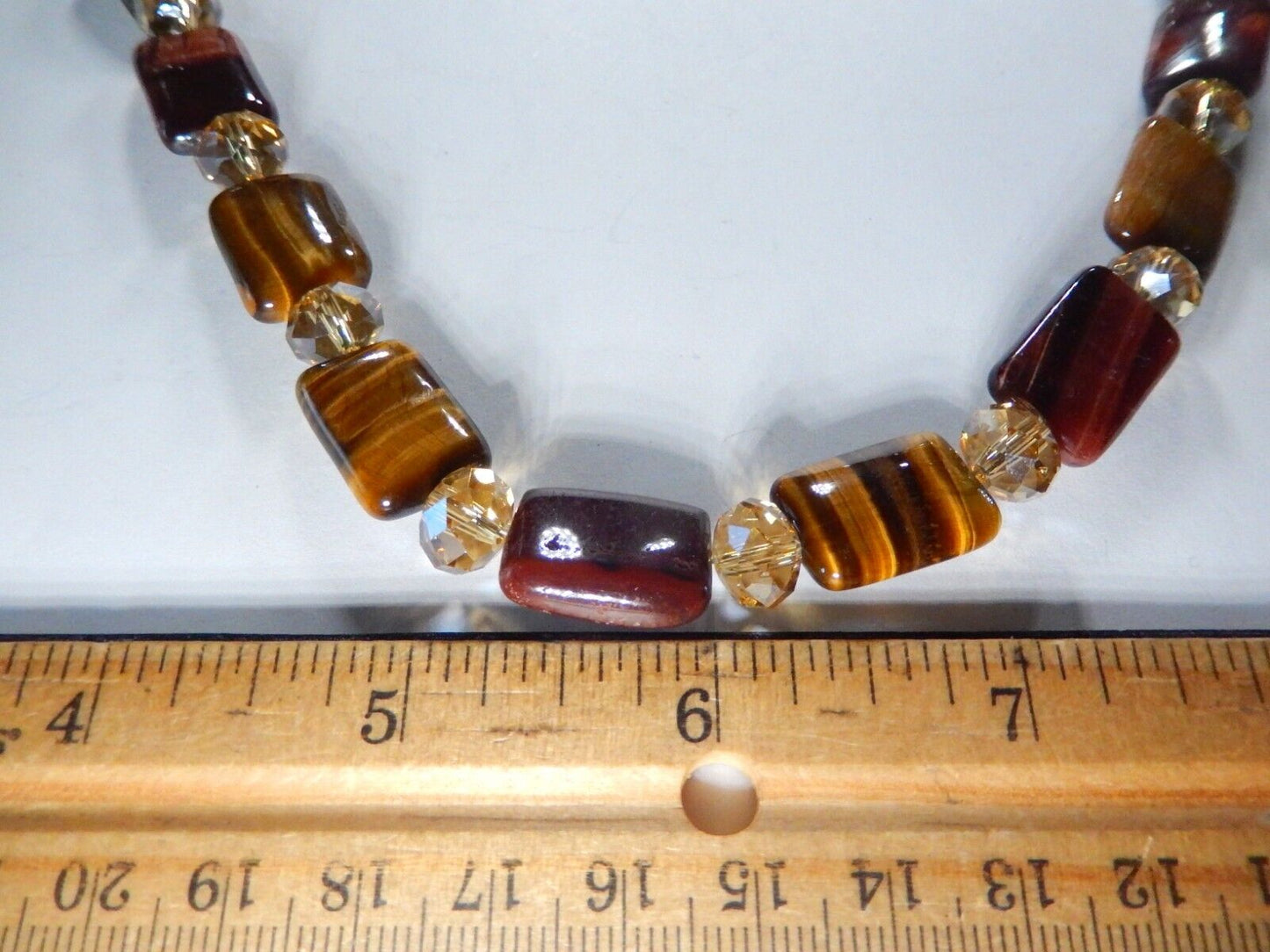 *VINTAGE*  Genuine Tigers Eye Bead Necklace With Crystal Bead Spacers 20" Length