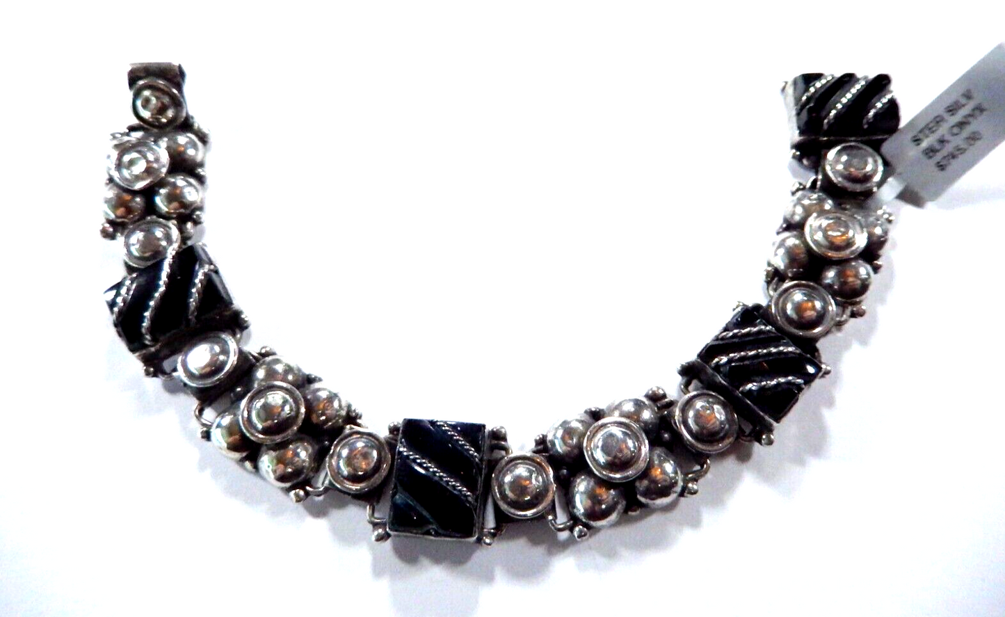 Vintage Sterling Silver 925 Mexico Black Onyx Silver Pebbles Panel 7 Bracelet
