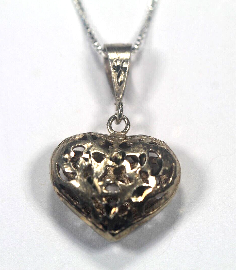 Gold Vermeil Sterling Silver Filigree Heart Pendant Diamond Cut w/20" Chain