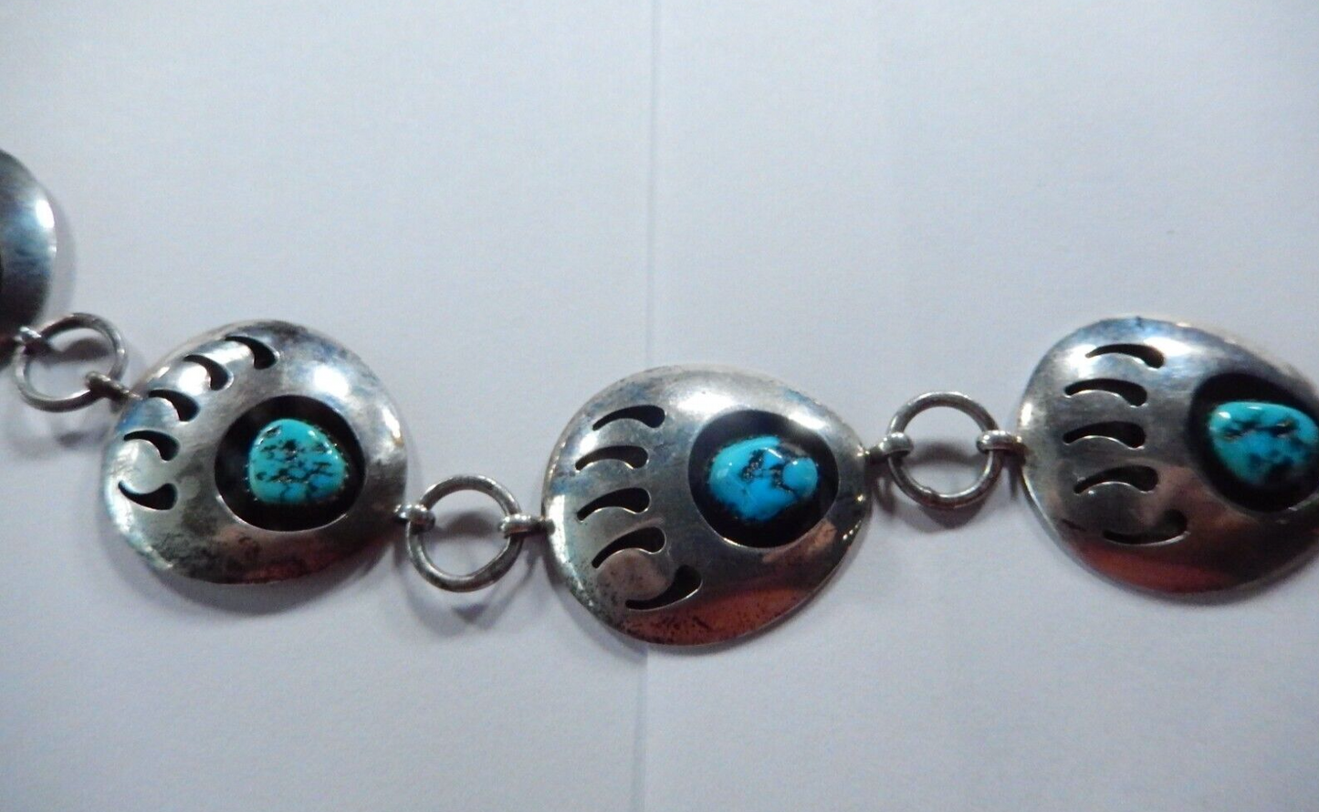 Vintage Navajo 36” Concho Belt / Necklace Sterling Silver Bear Claw Turquoise
