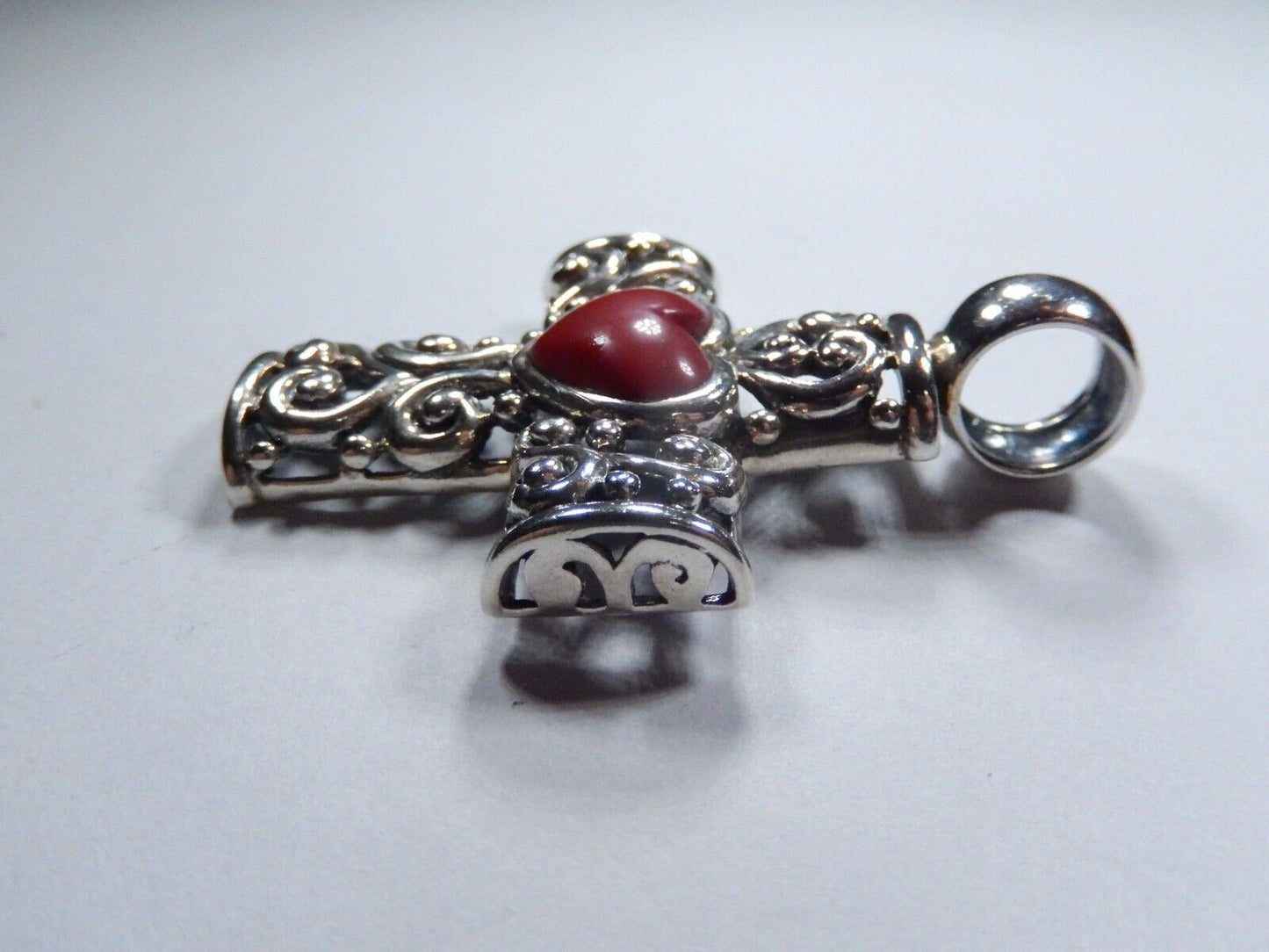 LARGE - Sterling Silver Filigree Cross Pendant with Red Coral Gemstone Heart