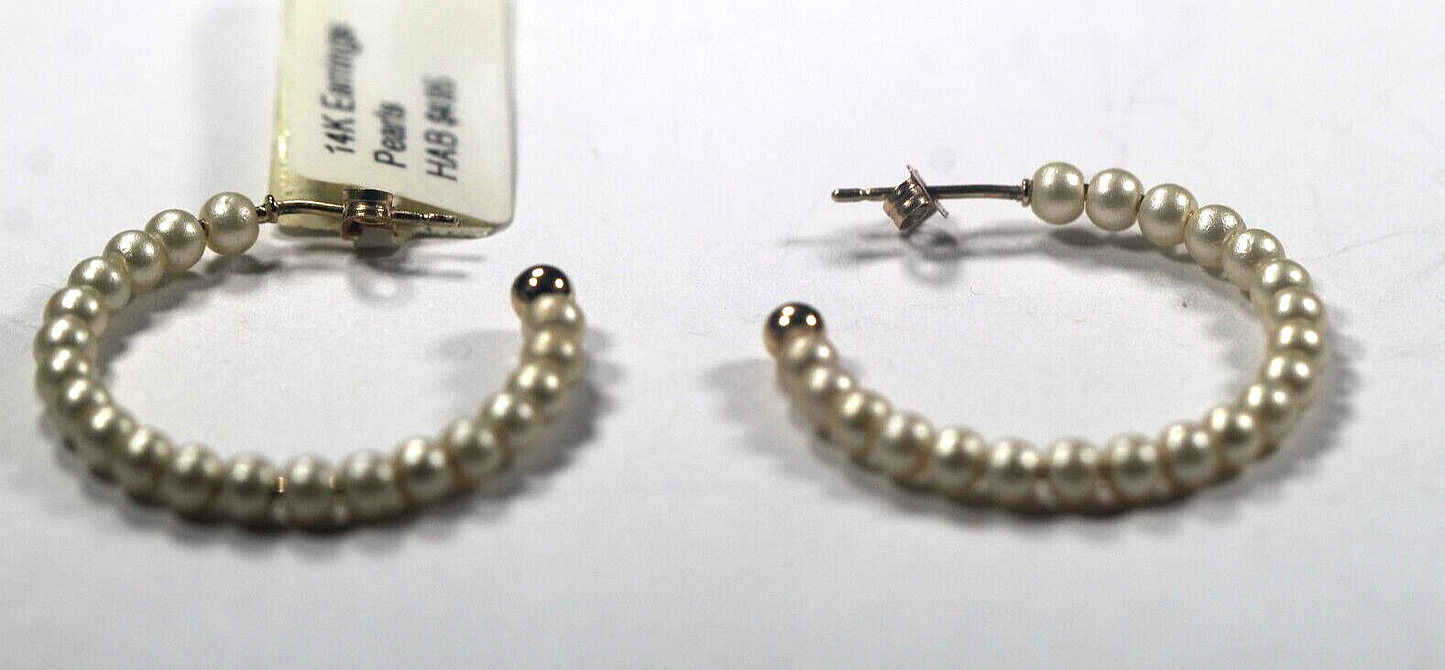 14K Yellow Gold Beaded Hoop Earrings White 3mm Pearl Fresh Water 1" Across