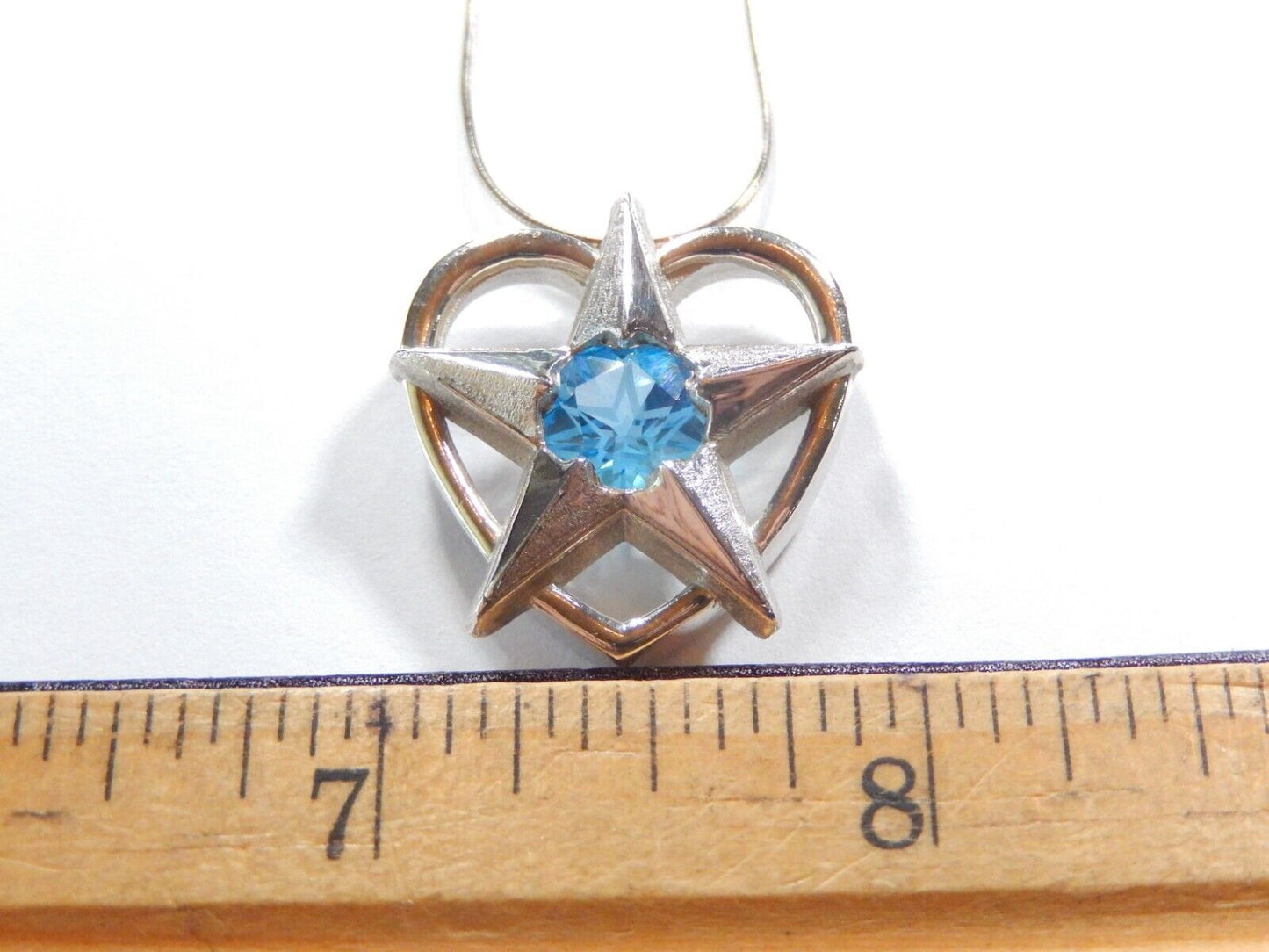 Texas Star & Heart Blue Topaz 925 Sterling Silver Pendant w/ 18" Sterling Chain
