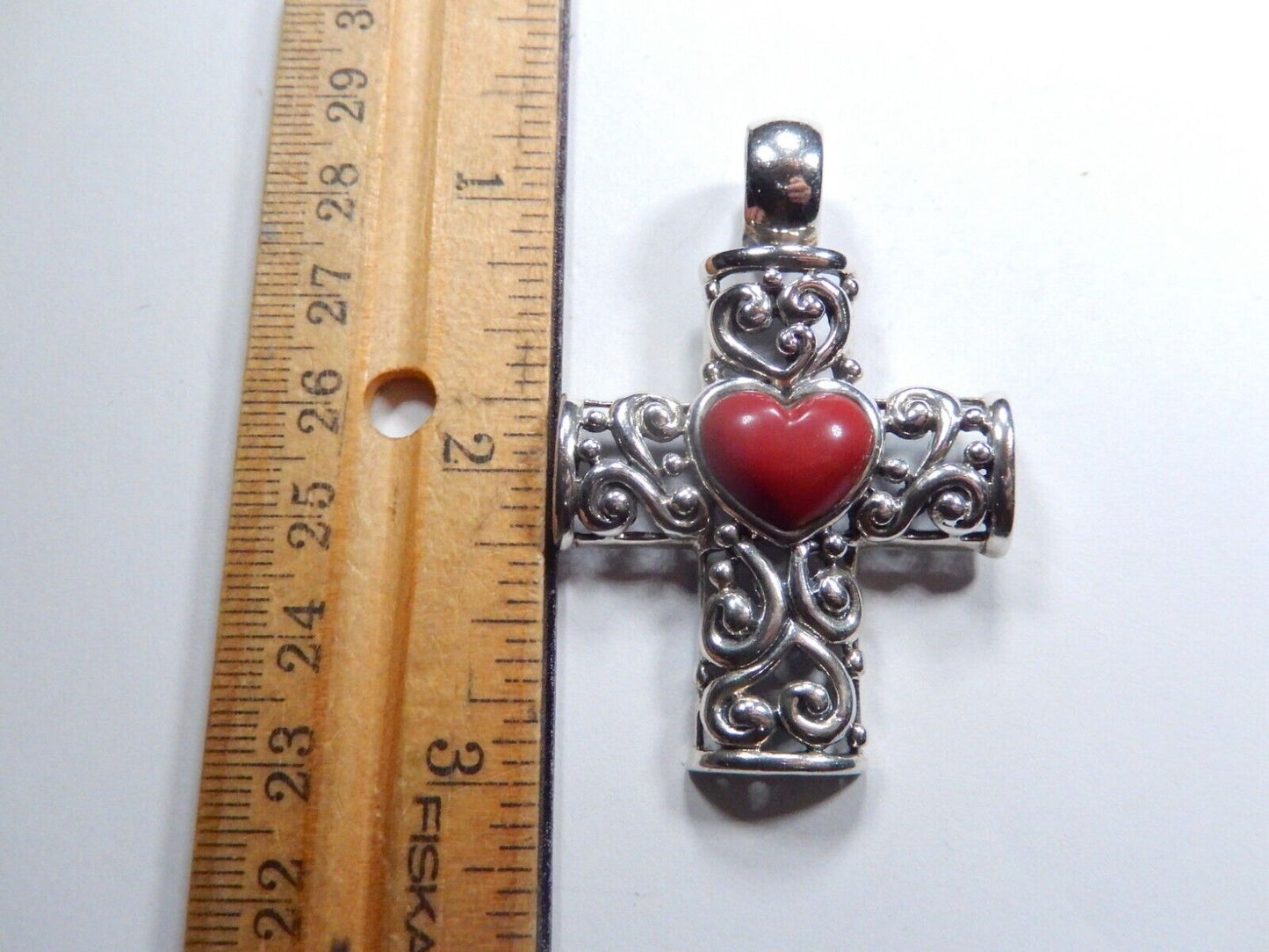 LARGE - Sterling Silver Filigree Cross Pendant with Red Coral Gemstone Heart