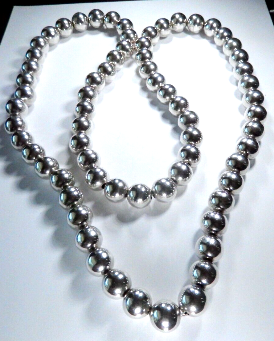 *VINTAGE* 925 Sterling Silver LARGE 14mm Smooth Bead Beaded Necklace 36" LONG