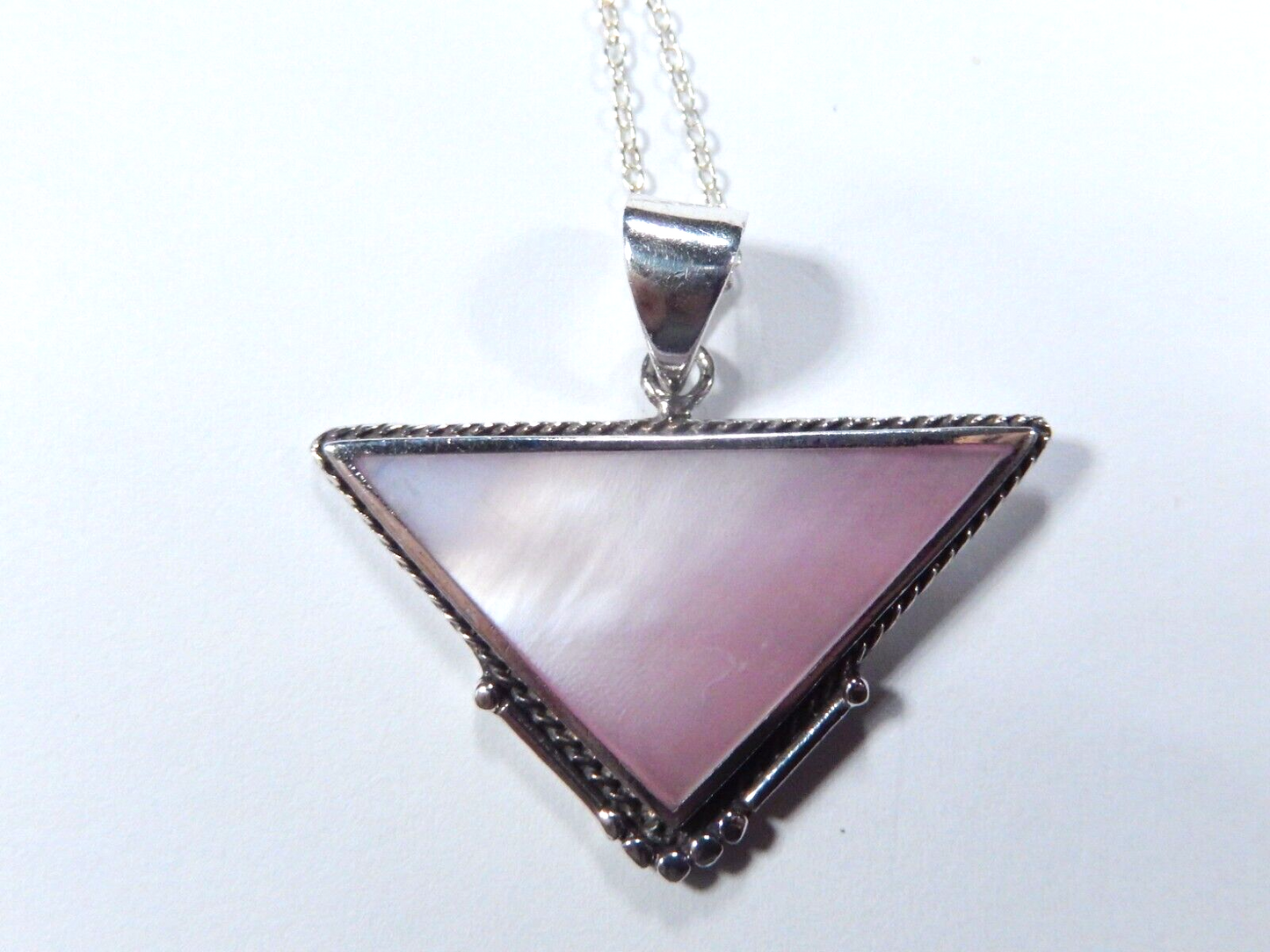 VINTAGE  Sterling Silver  Mother Of Pearl Triangle Pendant w/ 18" Sterling Chain