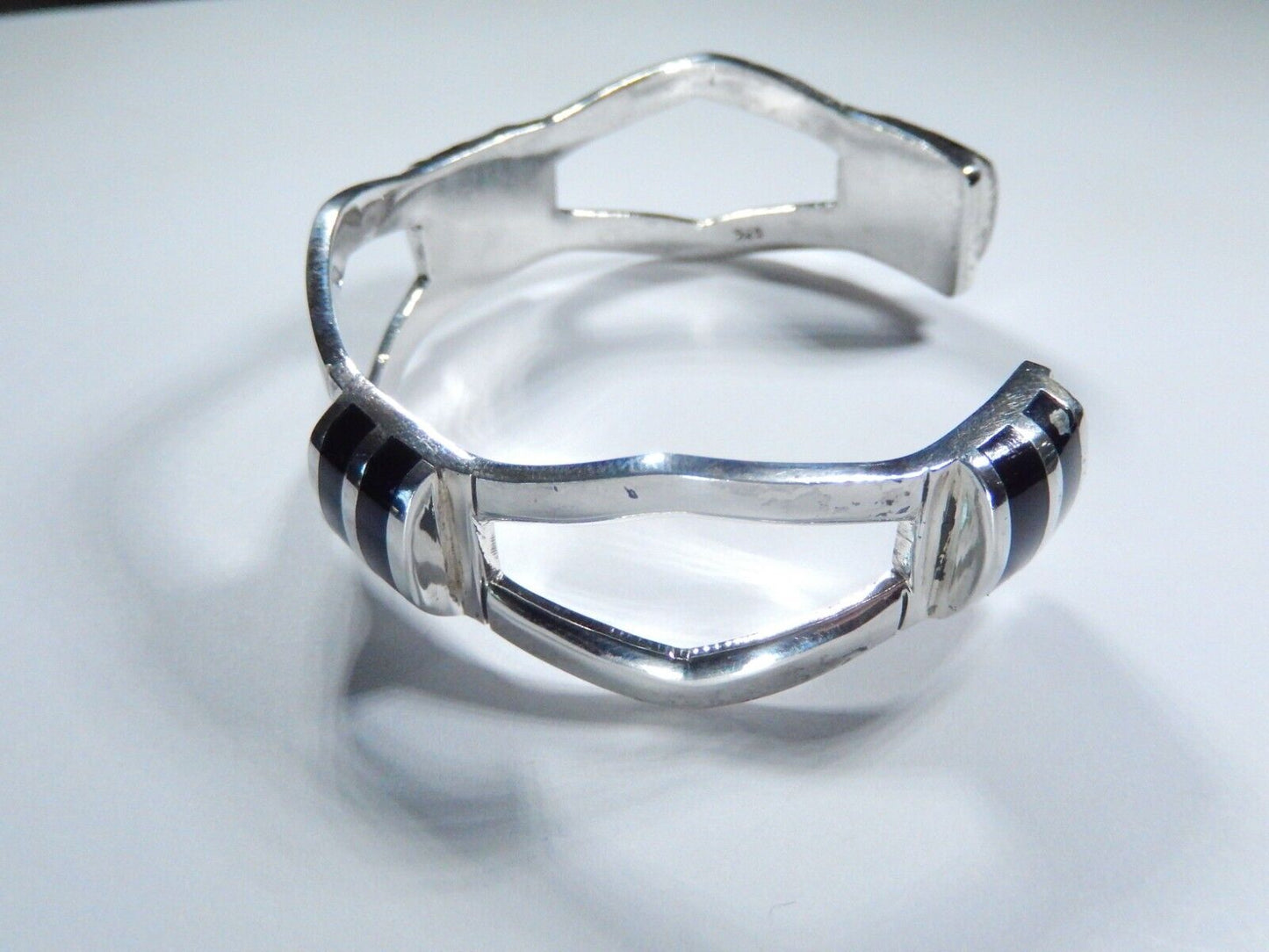 *VINTAGE*  Heavy Sterling Silver Black Onyx Cuff Modernist Retro Bracelet 45 gms