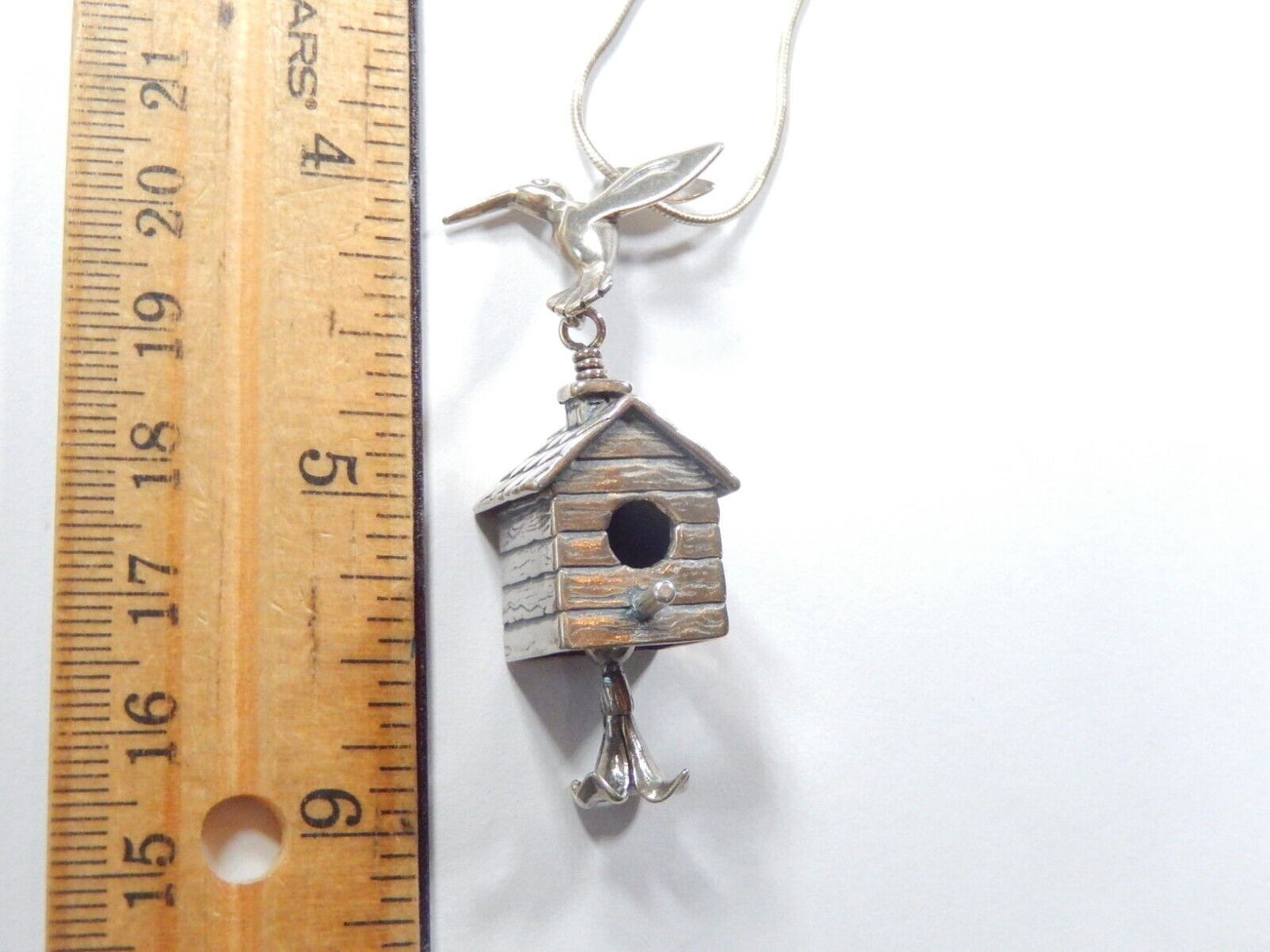 *VINTAGE*  Sterling Silver 3D Humming Bird w/ House and Moveable Bell w/24"chain