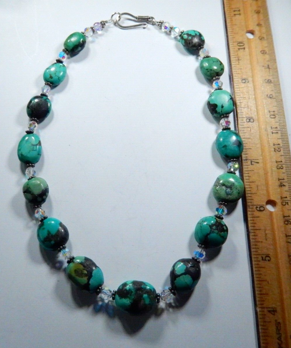 Natural Turquoise Beads With Crystal Beads Handmade Necklace 17"