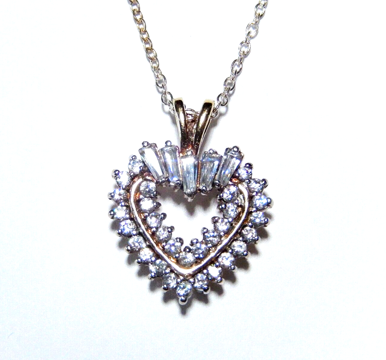 NWT Gold Vermeil Open Heart 50 CT Two Row Cubic Zirconia Pendant w 18 Chain