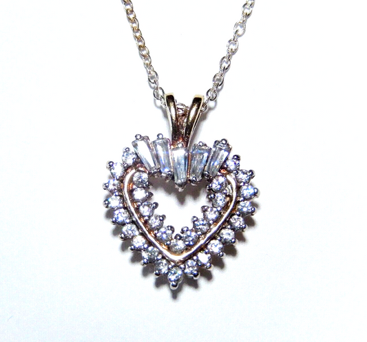 NWT Gold Vermeil Open Heart 50 CT Two Row Cubic Zirconia Pendant w 18 Chain