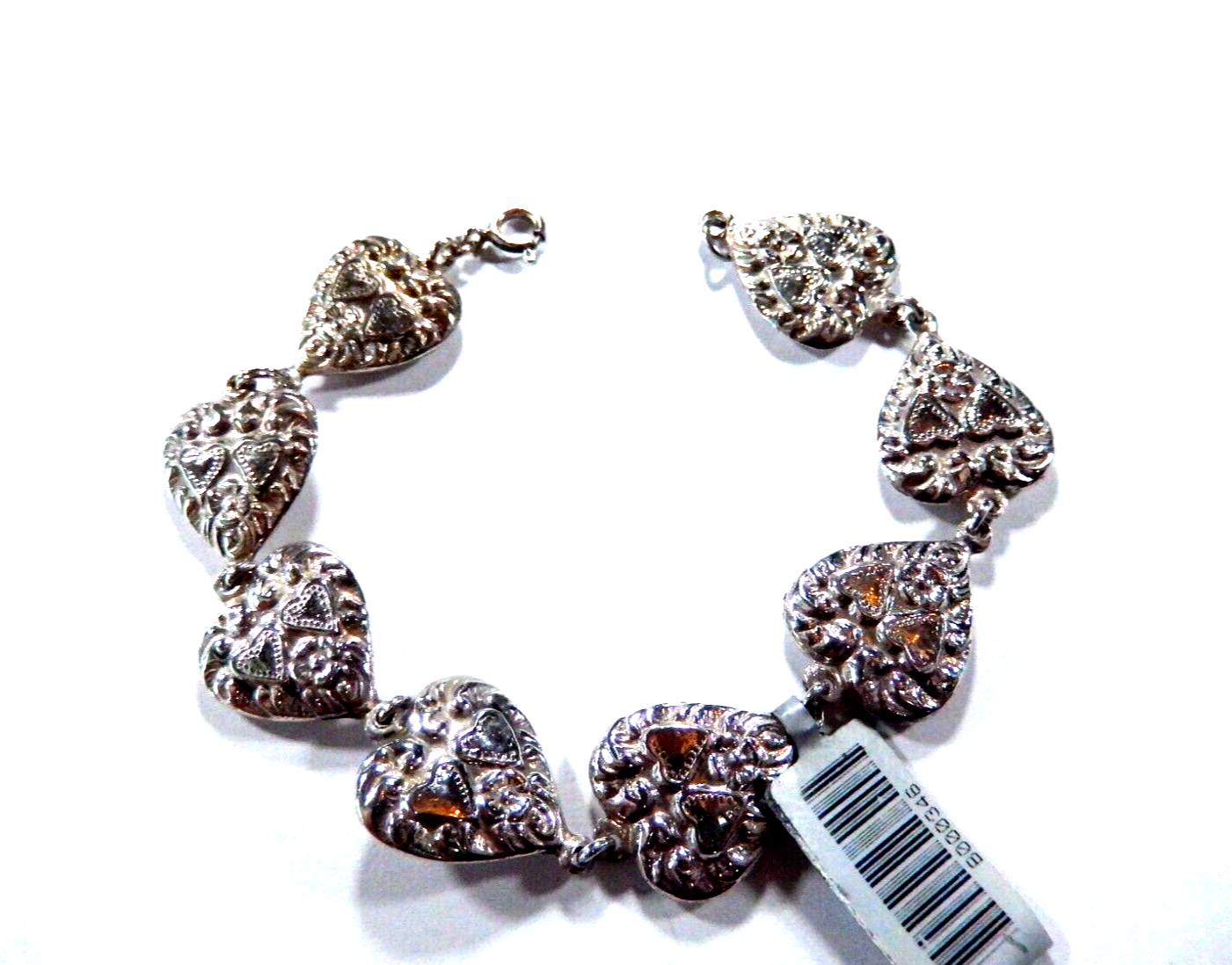 Antique Victorian Sterling Silver Repousse 8 Puffy Heart Link 7 x 58 Bracelet