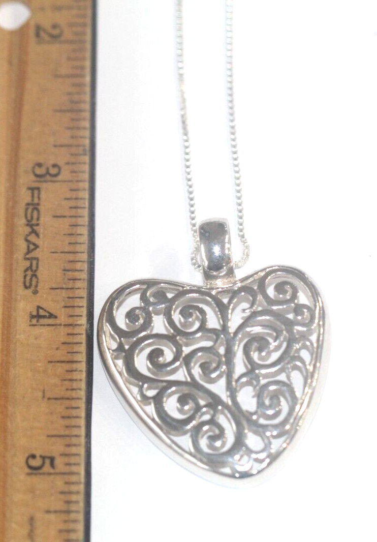 *VINTAGE* LARGE Sterling Silver Scroll Openwork Large Heart Pendant w/18" Chain