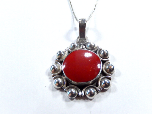 Vintage MEXICO 925 Red Coral Stone Necklace With 18" Silver Chain 1-5/8" x 1-1/4